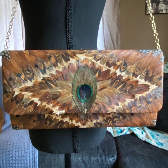 Feather Design Clutch Bag - Brown and Green